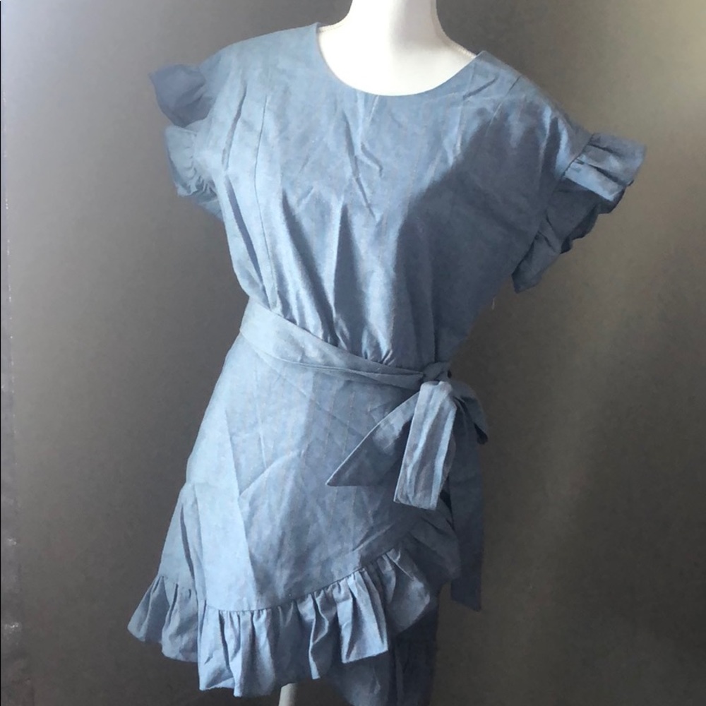 Blue ruffle wrap dress w/concealed side-zipper